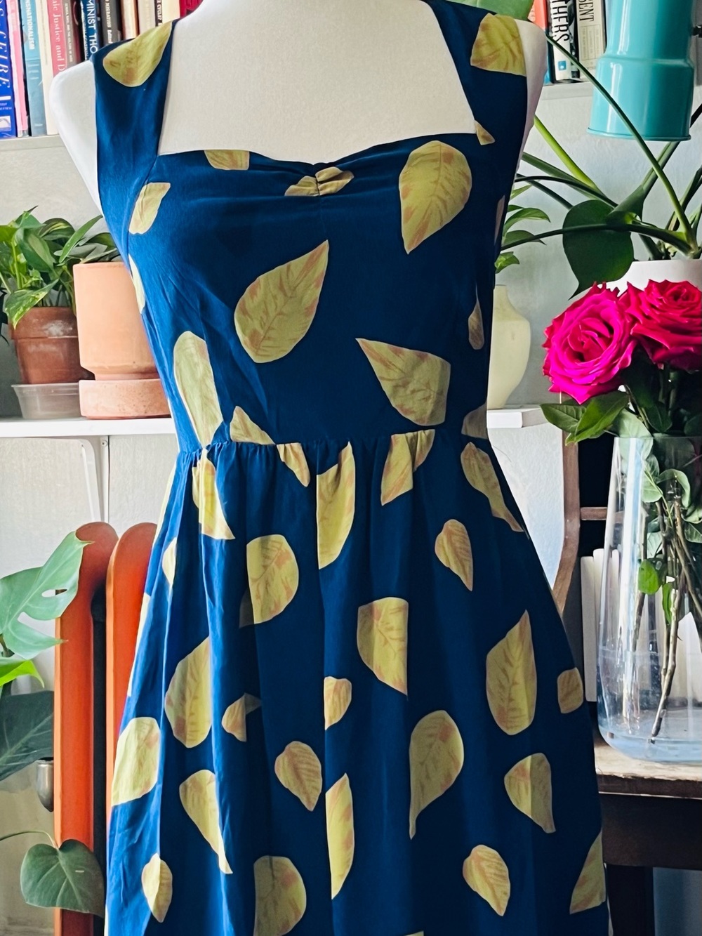 NWT Anthropologie 100% Silk Navy Blue Mini Dress with Yellow Leaf Print